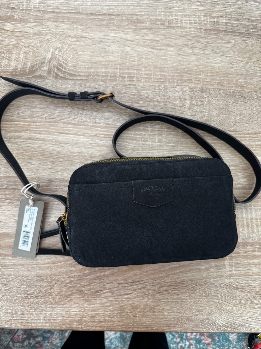 American Threads Black Suede Crossbody with Gold Hardware